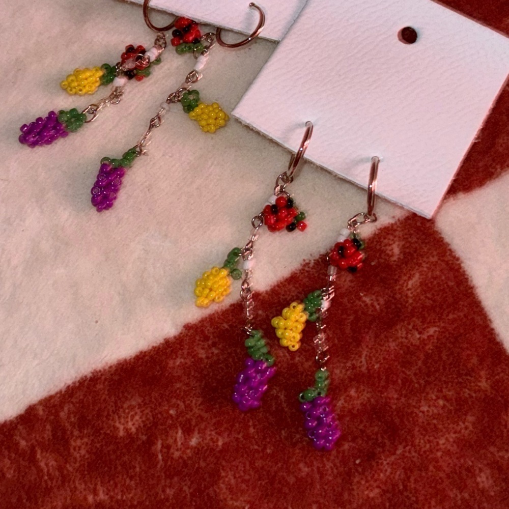 Free People Sweet Treat Fruit Strawberry Lemon Grape Beaded Dangle Earrings - Picture 2 of 3
